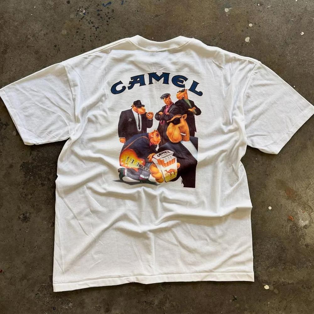 Retro Car Camel Cigarettes T-Shirt Vintage Cotton Tops Tees Short Sleeve Casual Streetwear Oversized Women Clothing Harajuku