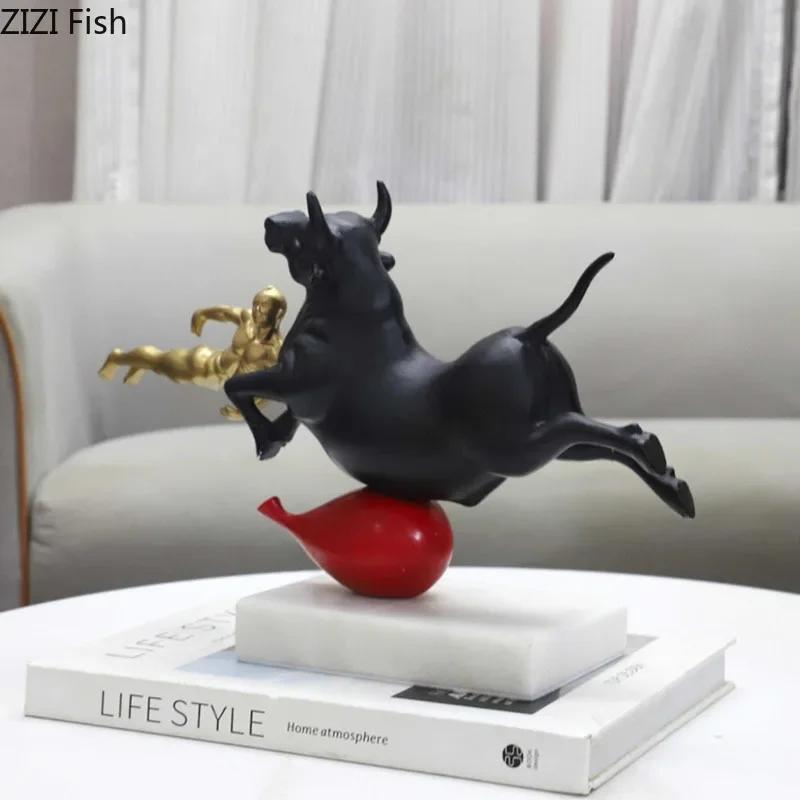 Game with Bulls Sculpture Marble Base Ornaments Modern Crafts Desk Decoration Bullfighter Abstract Artwork Room Aesthetic Decor