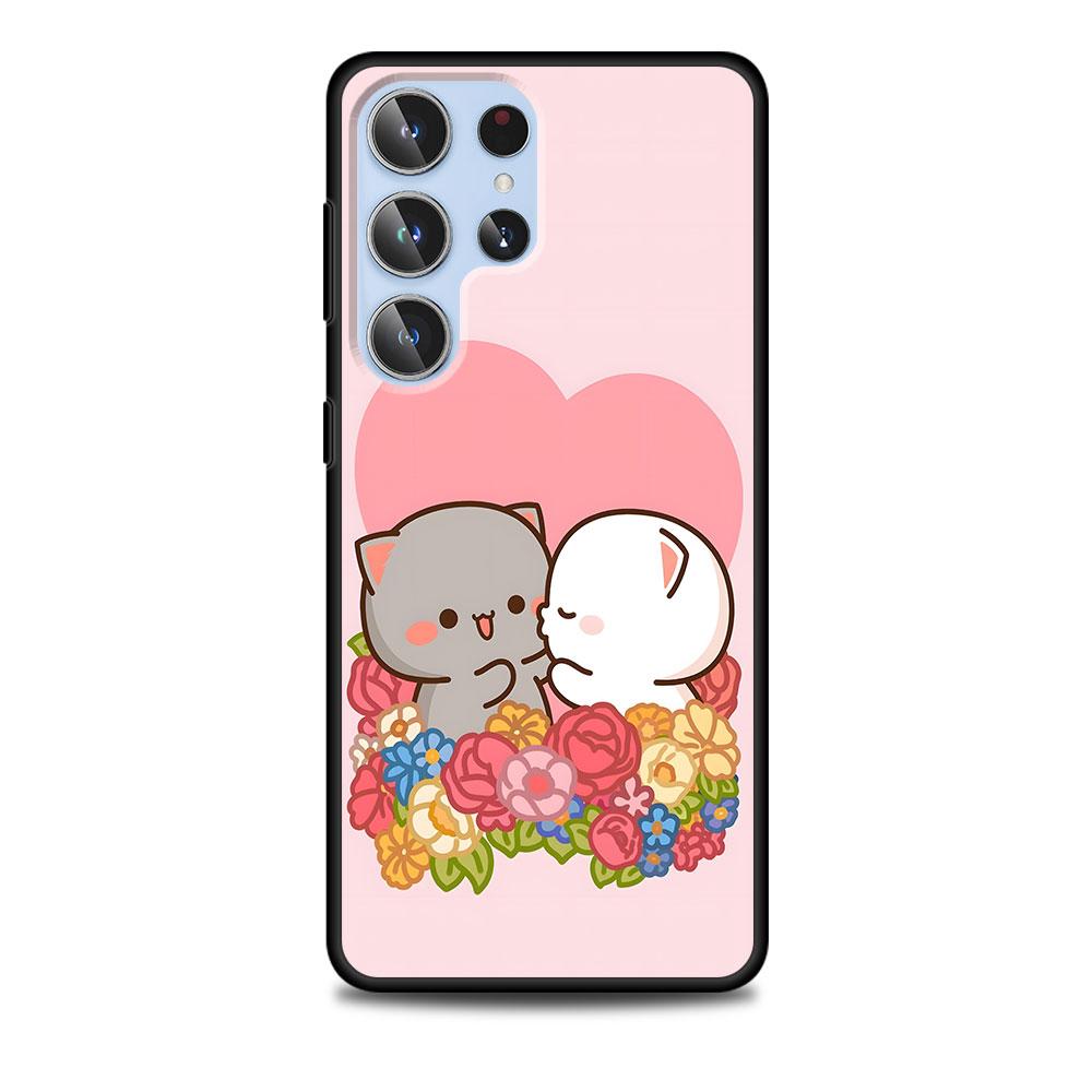 Peach And Goma Cat Case for Samsung Galaxy S23 S21 S20 FE S24 S22 Ultra S10 S10e S9 Plus Soft Black TPU Phone Cover Bumper
