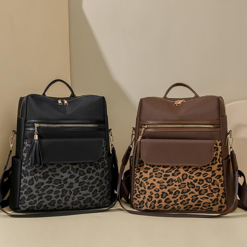 Patchwork Backpack Women's Leopard Print Backpack Large Capacity Schoolbag