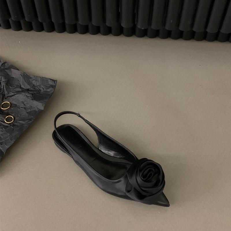 2025 new summer French flat-bottomed non-slip black bag head sandals women's versatile rhinestone pointed temperament single shoes