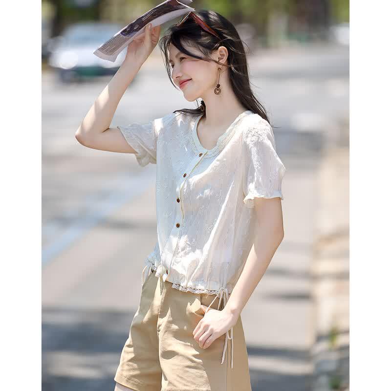 Shangjing Women s French Style Embroidered Cotton Blouse M
