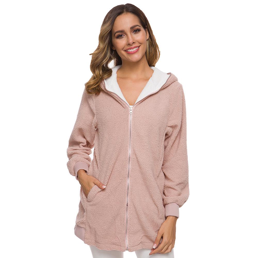

Hooded Zipper Lamb Fleece Jacket Cardigan Sweater Fleece Shirt Women S розовый