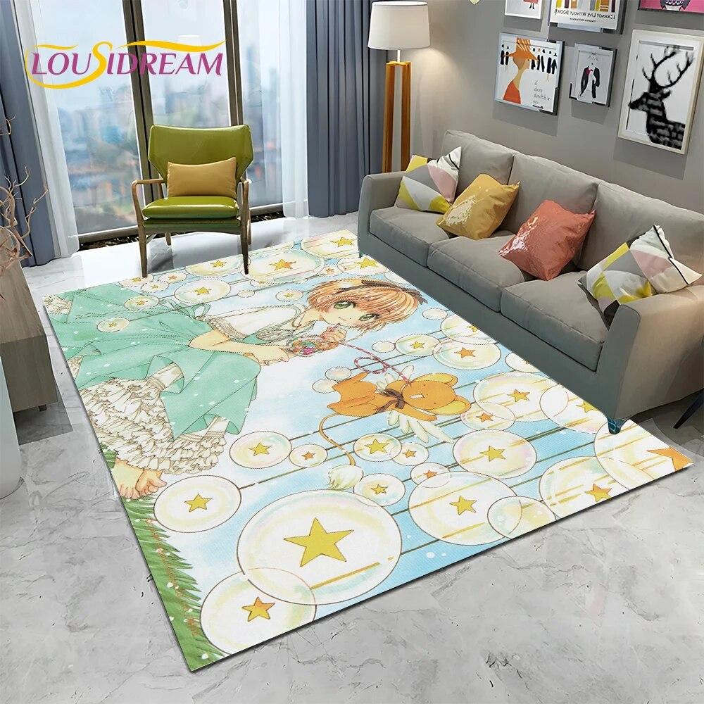 Carino Tappeto Tappetino 3D Captor Anime Cartone Animato Sakura per Casa Soggiorno Camera da Letto Divano Decorazione, Tappeto Area Bambini Antiscivolo Tappetino Pavimento