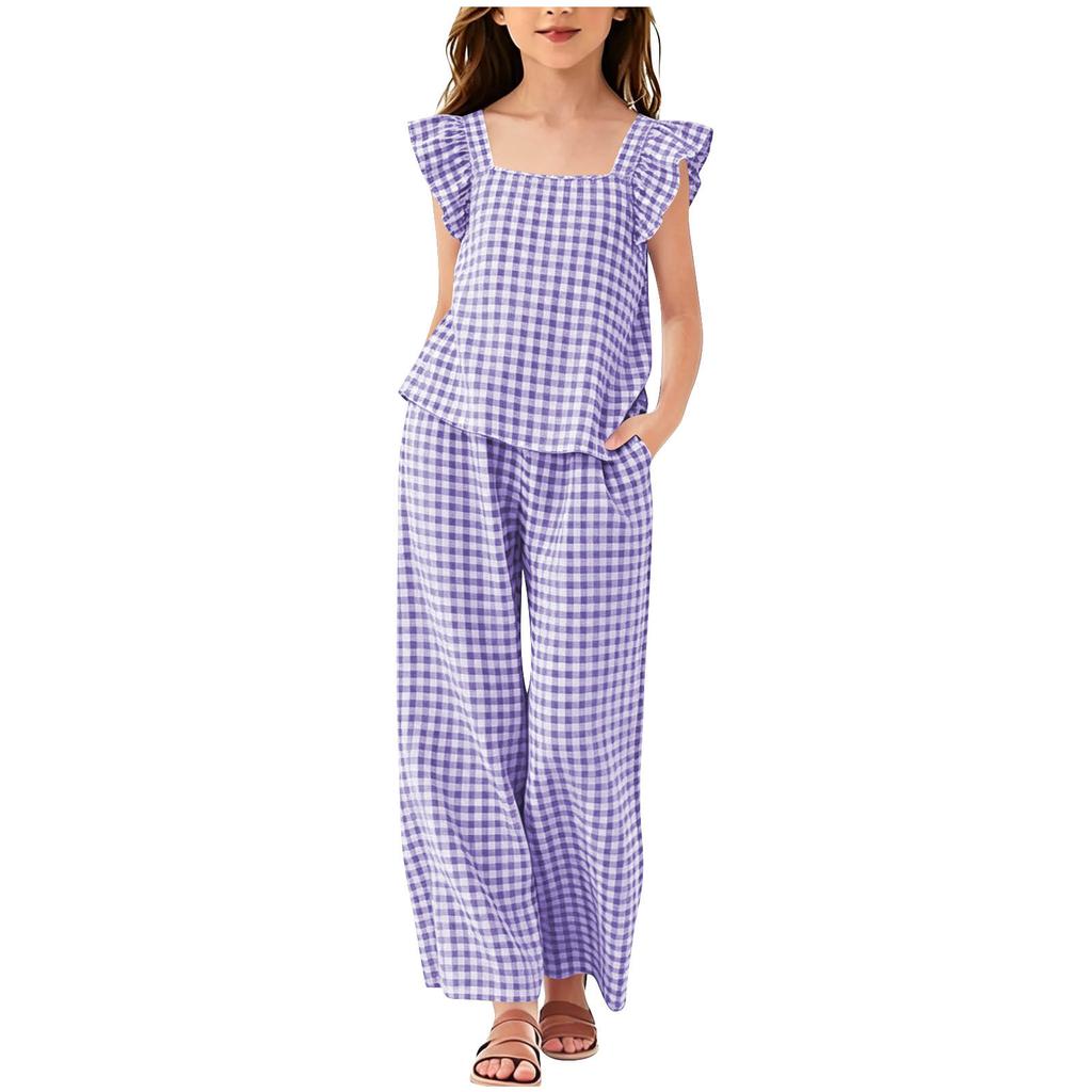 Karomuster Quadratischer Ausschnitt Ärmel Oberteil und Elastische Taille Gerade Hosen mit Taschen Lässiges 2-teiliges Outfit Set für Große Kinder