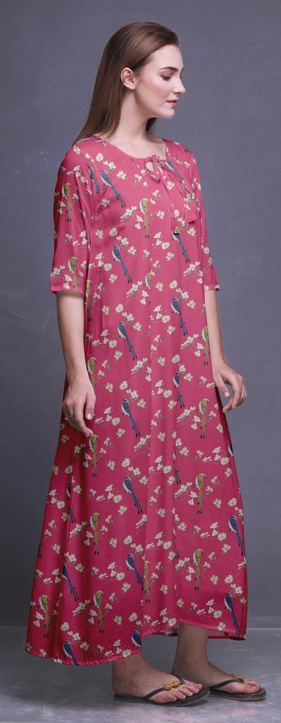 Bimba Dark Rose Brown Floral Leaves & Camellia Kanjiro Printed Nightgowns Maxi Sleepwear For Women Long Sleep Dress