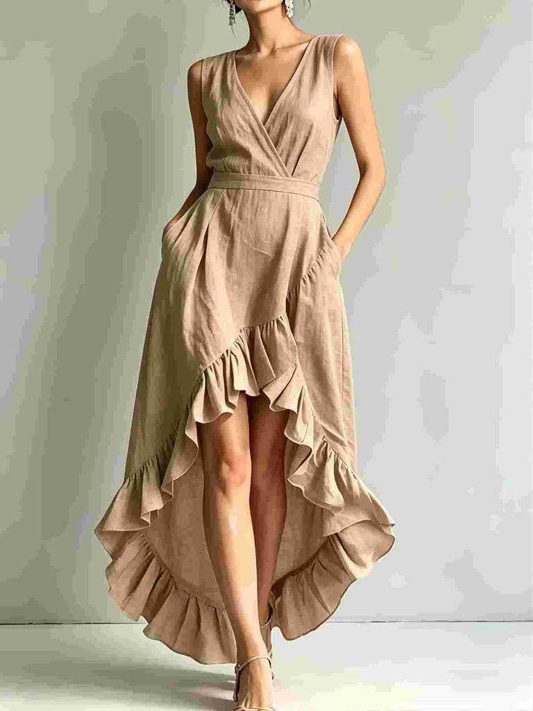 Damen V-Ausschnitt Ärmellos High-Low Rüschensaum Maxikleid Lässig Sommer Sonnentuchkleid