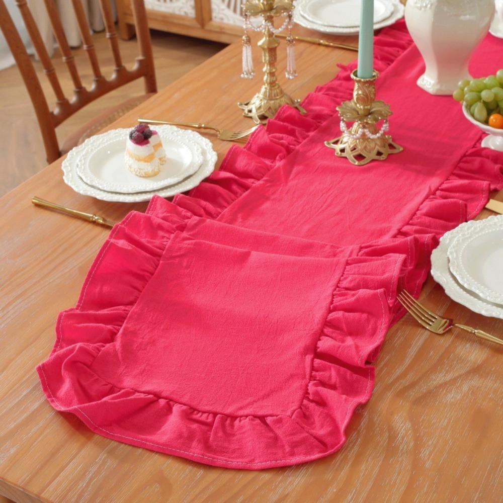 Solid Color Ruffled Edge Table Runner Rustic Style Tables Cover Dinning Table Runner  Kitchen Decor