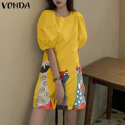 Women Summer O Neck Puff Short Sleeve Cute Print Dresses Sundress