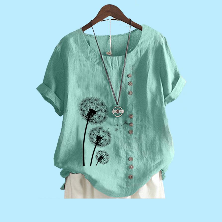

Женская мода с коротким рукавом, хлопковая льняная блузка, лето и осень, мода, цветочный принт, свободная футболка XXL озеро синий
