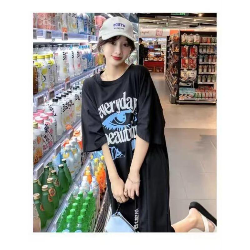 

Summer Women s Dress with Summer Letter Print Slit Loose Short-sleeved Dress 4XL чёрный