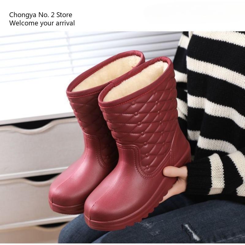 Waterproof Fleece Snow Boots Women's Mid-calf Water Boots Warm Water Boots Women's Rubber Shoes Kitchen Cotton