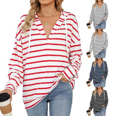 Elegant and Fashionable Fall and Winter Comfortable Drawstring Hooded Striped Long Sleeve Sweatshirt Top Pullover Hoodies