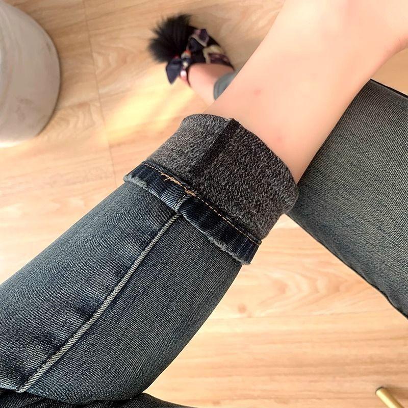 Fleece retro jeans women's autumn and winter new high-waisted versatile, thin and warm nine-point pants, boots and pants tide