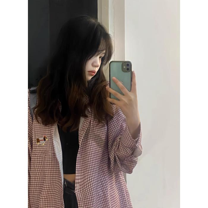 

Клетчатая рубашка для женщин, Весна и Осень, Школьный стиль, Повседневная, Универсальная, Защищающая от солнца, Свободное и непринужденное пальто для пары 2XL фиолетовый