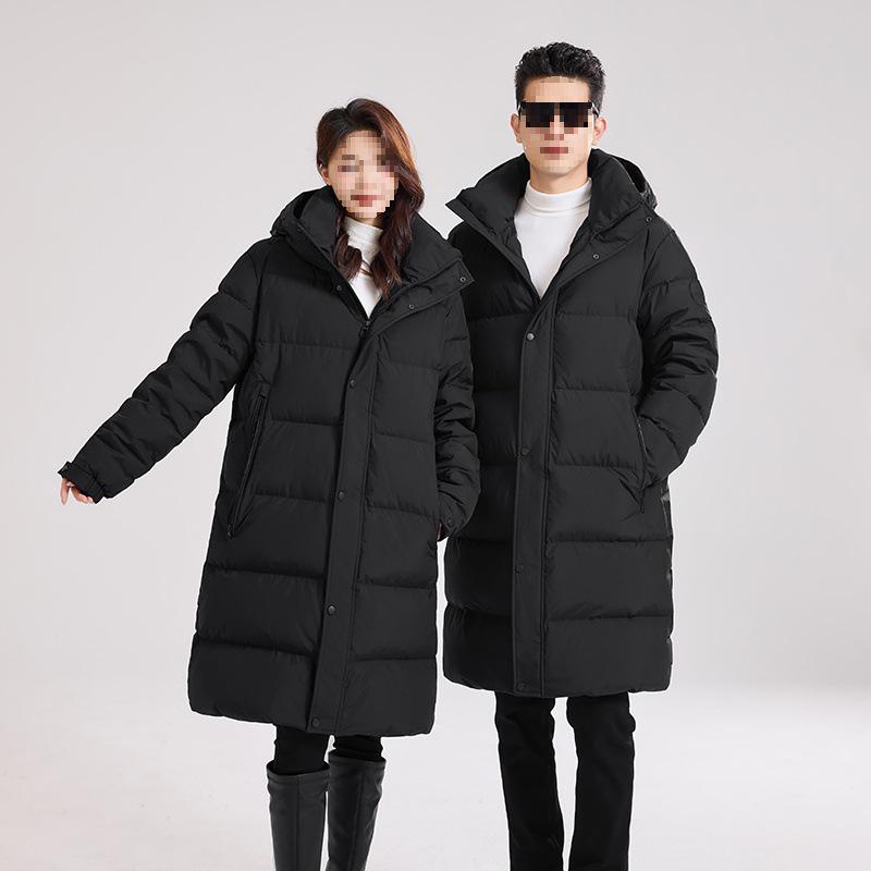 Couple's Long Black Hooded Duck Down Jacket - Thick, High Fill Winter Outerwear