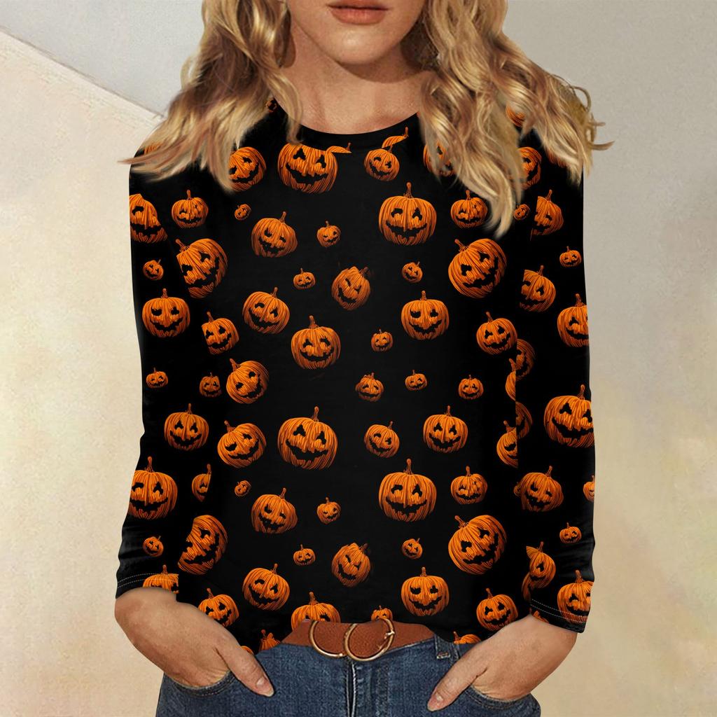 Langarmshirts Für Damen Niedliche Halloween-Print Grafik-T-Shirts Blusen Lässig Große Größen Basis-Oberteile Pullover