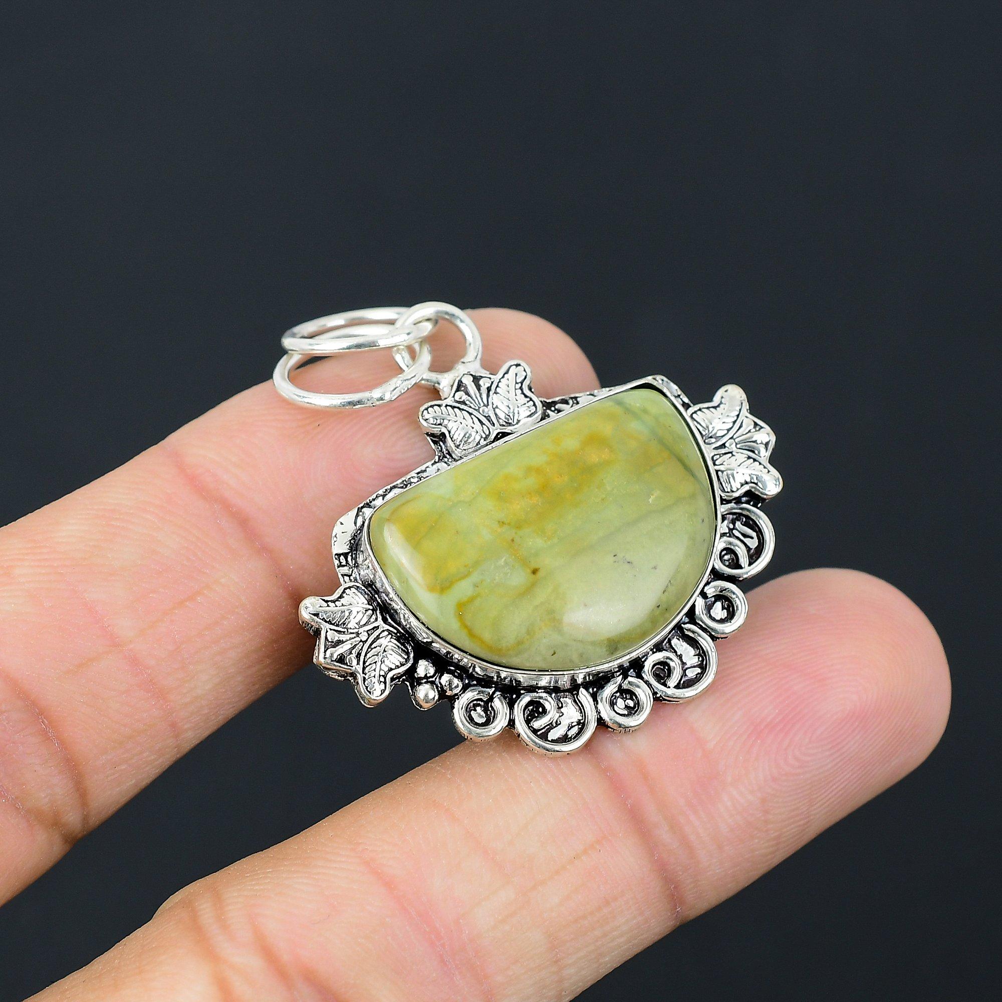 Natural Rainforest Jasper Gemstone Pendant Green 925 Sterling Silver Jewelry