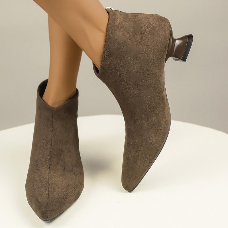 Women's Special Heel Boots Winter New Fashion Pointy Suede Back Zipper Anti-slip Wear-resistant Short Boots