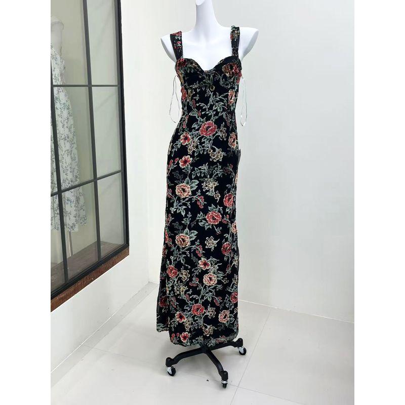 

European and American Original Lu * US Retro Velvet Burning Flowers Suspender Skirt Exquisite Flowers Pull-on Formal Dress Long dress Figure color XL