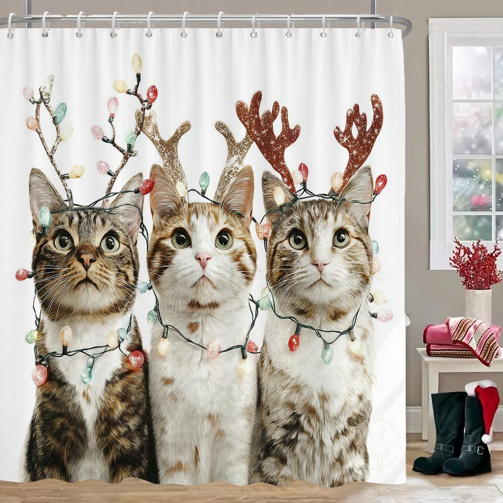 Christmas Shower Curtain, Bathroom Decorative Cartoon Cat And Dog Christmas Shower Curtain, Waterproof Shower Curtain With Hooks