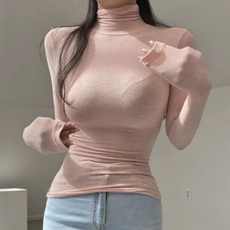 Women's Korean Slim Fit High Neck Long Sleeve T-Shirt
