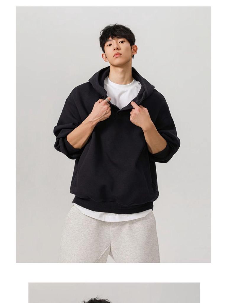 Men's 450g Heavyweight Boxy Cropped Hoodie, Button-Up, American Style for Spring/Autumn