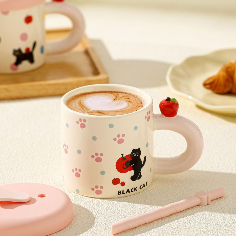 High Value Souvenir Apple Mug with Lid Gift Box Household Water Cup Cute Straw Cup Ceramic Coffee Cup