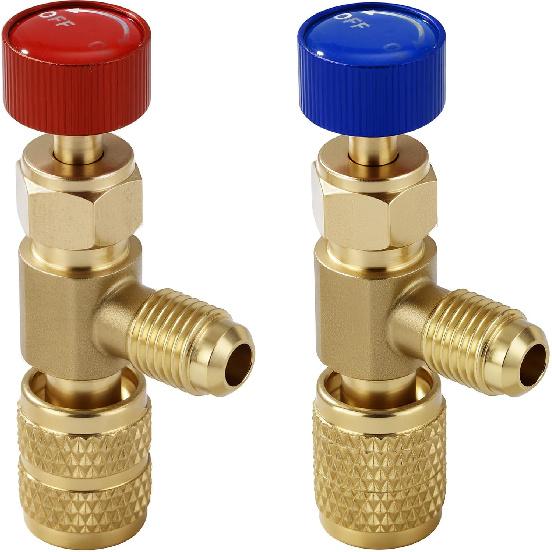 2Pcs Refrigerant Charging Valve Set, 1/4" & 5/16" Safety Adapter Flow Control Ball Valve, Brass Low Loss HVAC Fittings for R12 R22 R410 Air