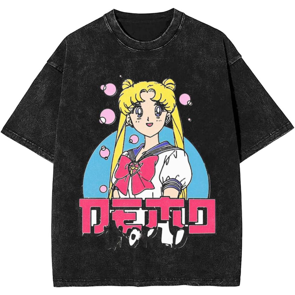 Sailor Moons Vintage Vasket T-skjorte Menn Kvinner 100% Bomull Casual T-skjorte O-hals Anime Tees Kortermet Klær Pluss Størrelse
