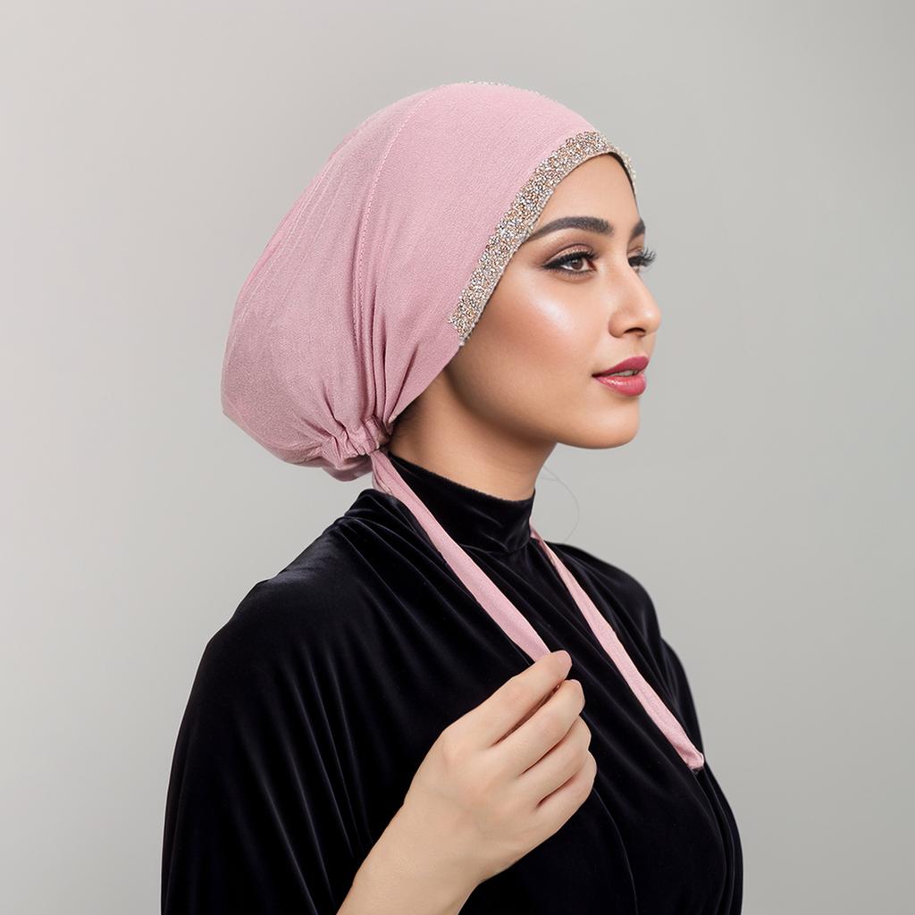 New Modal Rhinestone Band Muslim Turban Hat Inner Hijab Caps Islamic Underscarf Bonnet India Hats Female Headwrap Turbante Mujer