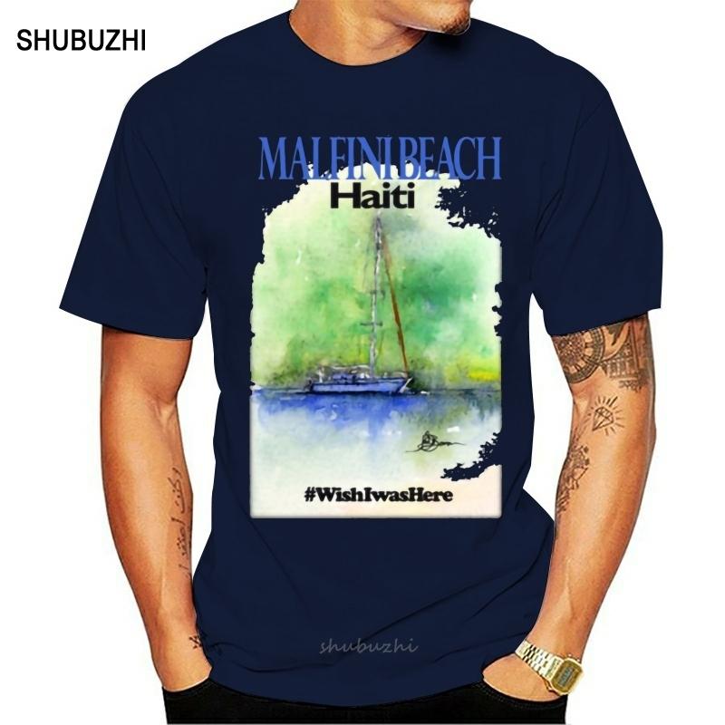 

Fitted Sail Boat Malfini Beach Haiti T Shirt Men Unisex Adult T Shirts ONeck Short Sleeve S