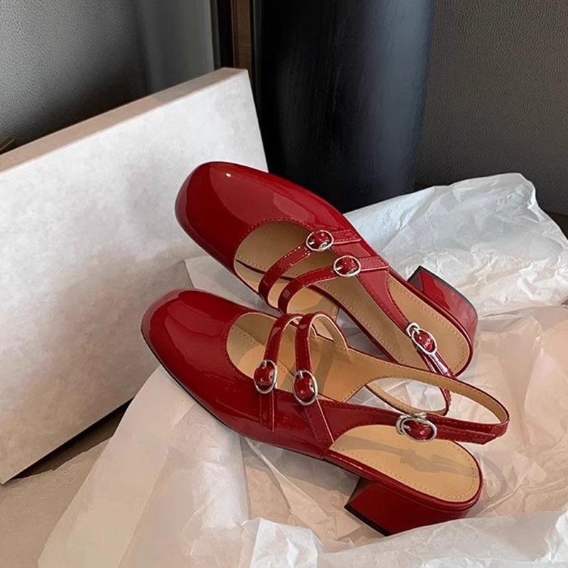 Baotou Sandals Women's New Summer Mid-heel Square Head Thick Heel Retro Red Wedding Shoes Mary Jane Single Shoes