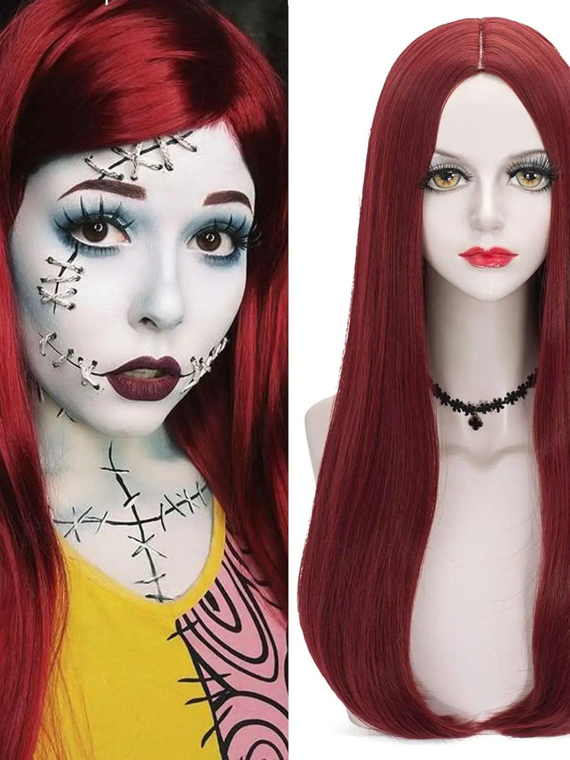 

Sally Sally Costume Wigs for Women Long Straight Wine Red Wigs Sally Dark Red Wigs Synthetic Fiber Hair for Sally Costumes as the picture-One Size