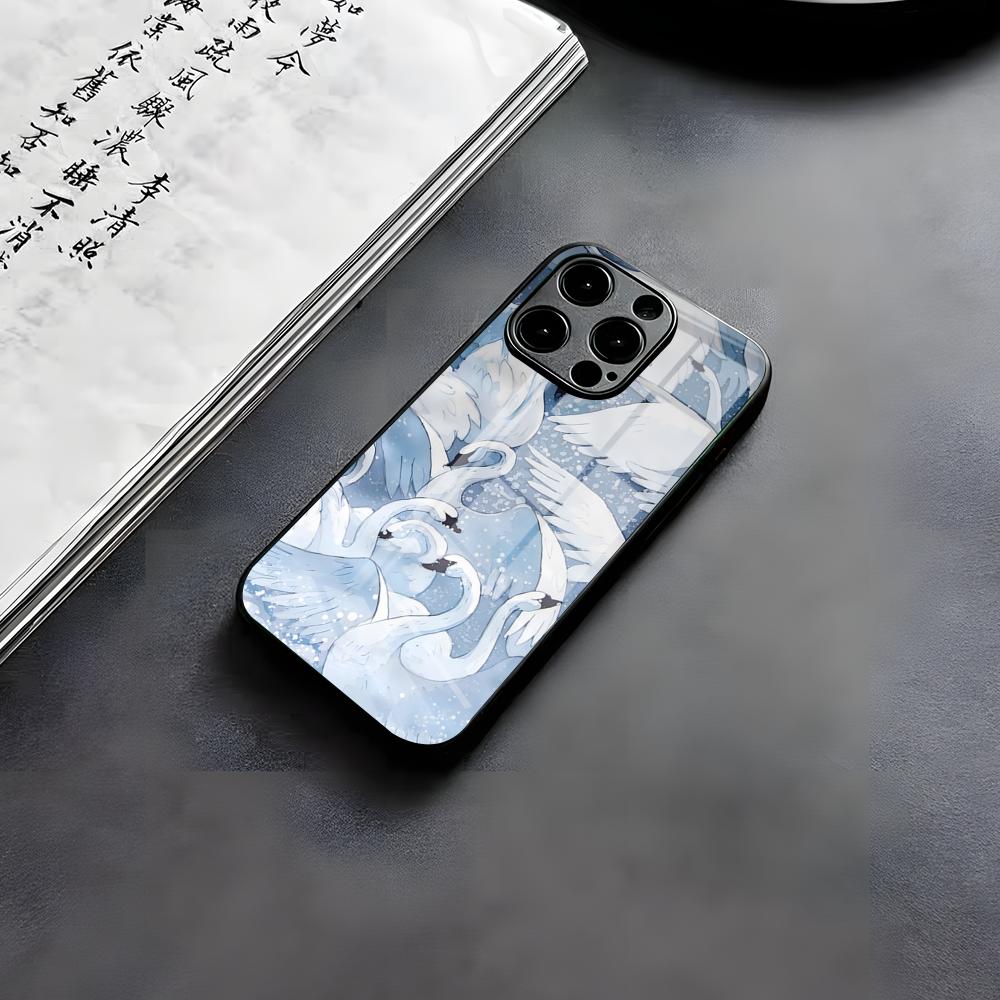 White Swan Illustration Phone Case For IPhone 17 Air 16 E Pro Max 15 14 13 Mini 12 Pro 11 Max Plus Black Glass Cover
