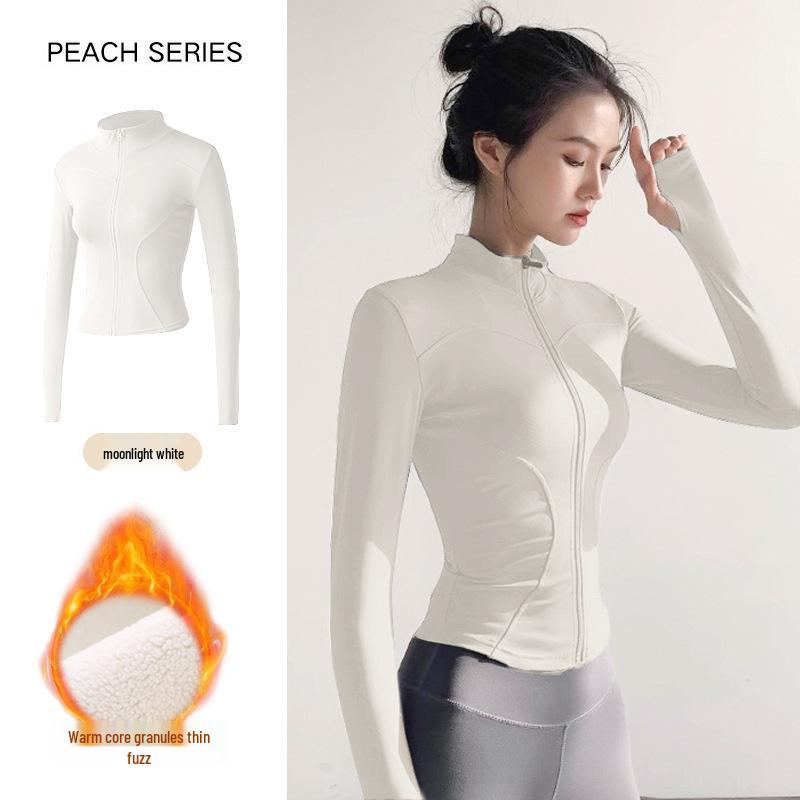 Women's Plush Slim Fit Zipper Yoga Jacket - Thickened, Elastic Long Sleeve, Stand Collar, Warm Autumn & Winter Top