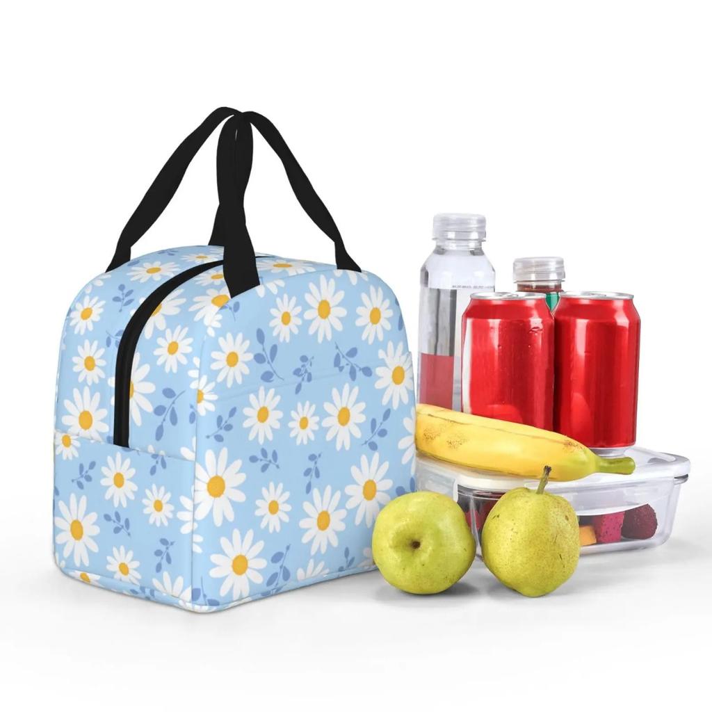 Insulated Lunch Box Daisy Flower Lunch Bag Spring Floral Reusable Bag Flowers Blue Cooler Tote Bags for Kids Teens Adults Girls