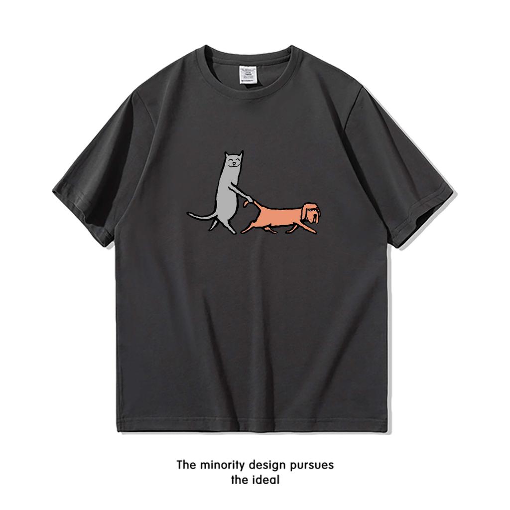 ZX Fun Cat Walking Dog Shortsleeved Tshirt for Men and Women Trendy Loose Pure Cotton Couple Halfsleeved Clothes