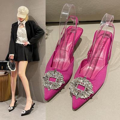 Pointed Toe Crystal Fetish Luxury Designer Flock Woman Extreme Mules Thin Heels Women Sandals Sexy Shoes Slingback Ladies Pumps