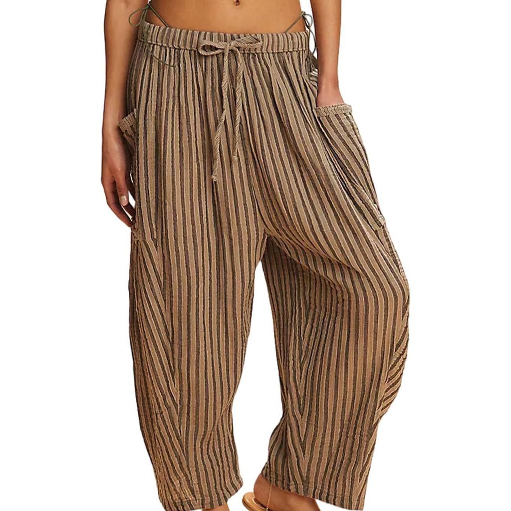 Gestreifte Straight-Leg-Hose für Frühling und Herbst, Neun-Zoll-Plisseehose mit Stretchbund, Atmungsaktive Freizeithose für Damen