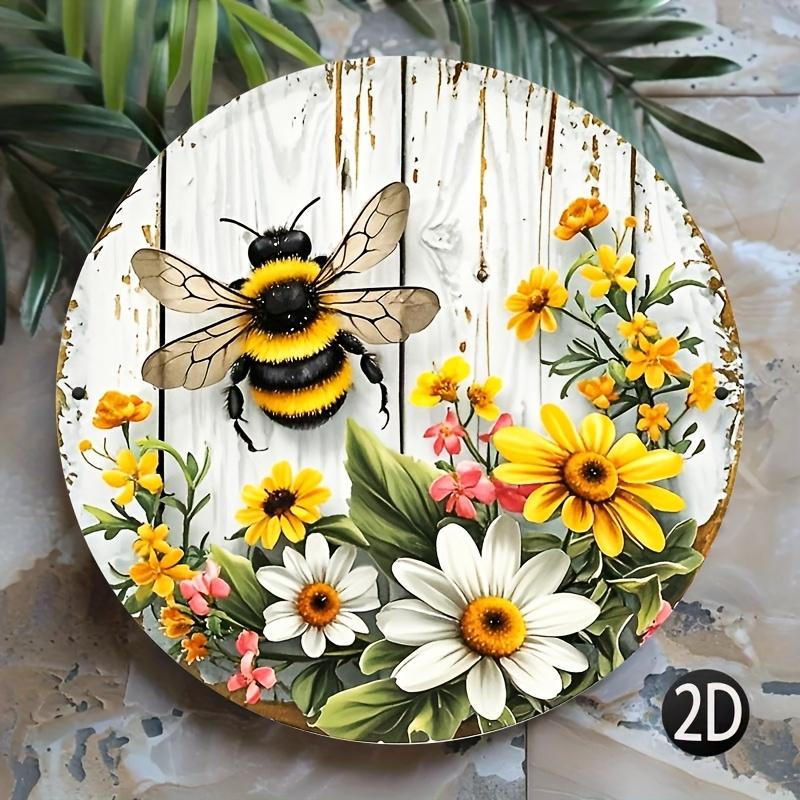 

Rustic Bee & Flower Sign. Aluminum wall plaque with country style for home, office or garden. чистый
