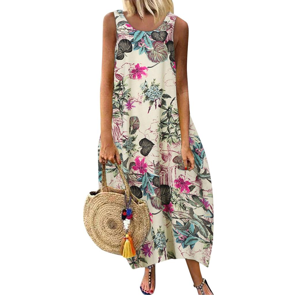 Womens Dresses Floral Print Sleeveless Oversized Loose Holiday Tank Dress