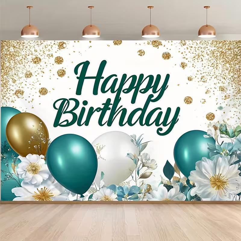 2D Teal Green & Gold Balloons Happy Birthday Party Backdrop 47.2x31.5inch/120*80cm