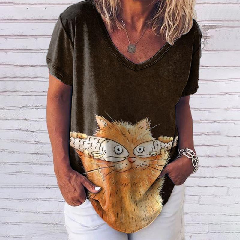 

Женская повседневная футболка, верхняя часть, новая футболка с V-образным вырезом, свободная футболка с короткими рукавами и 3D-цифровым принтом в виде кошки M