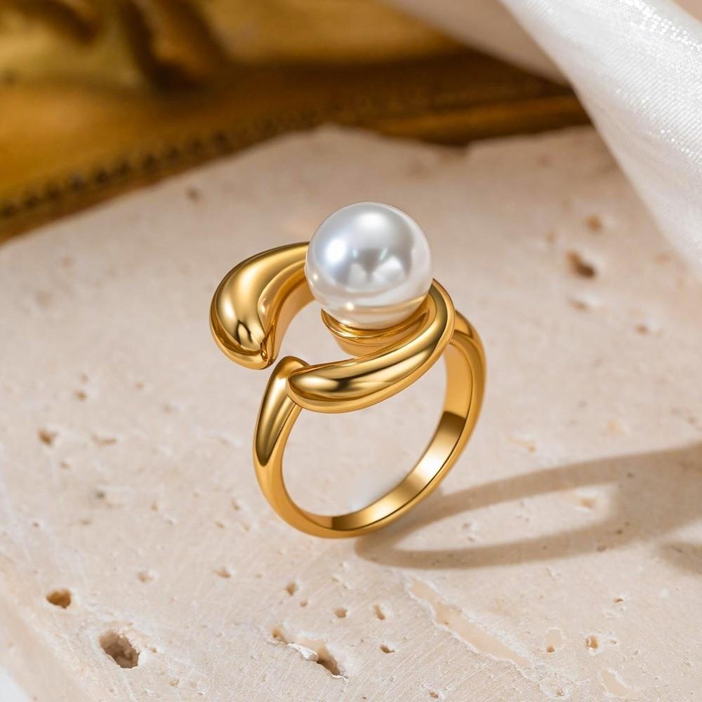 Simulated Pearls Zirconia Ring Geometry Design Alloy Platinum Finger Ring Retro Style Gold Plated Retro Jewelry Rings Daily Wear