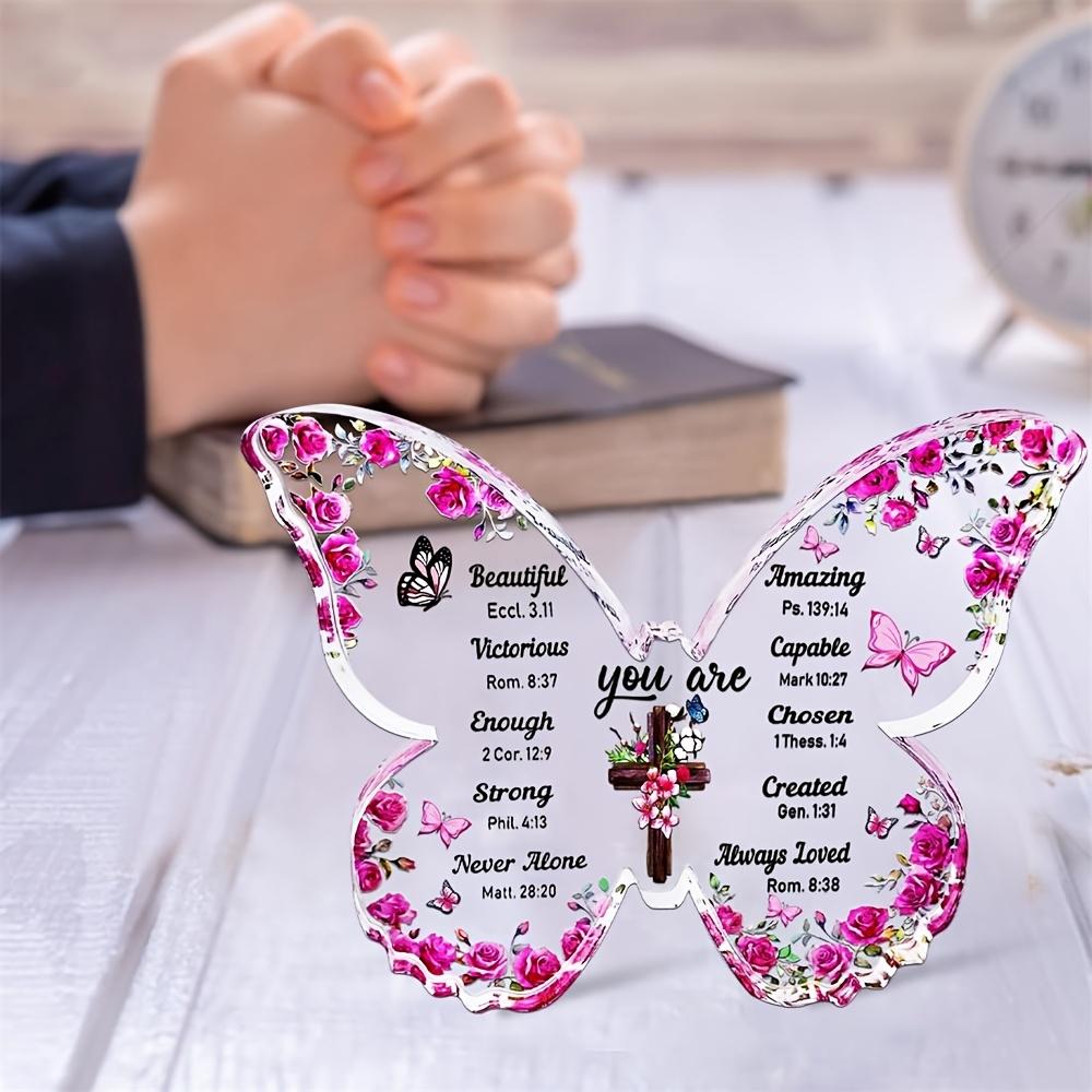 Vintage Acrylic Sign, Inspirational Christian Butterfly Acrylic Plaque - 'You Are Enough, Strong, Never Alone' with Scripture Verses & Floral Design 