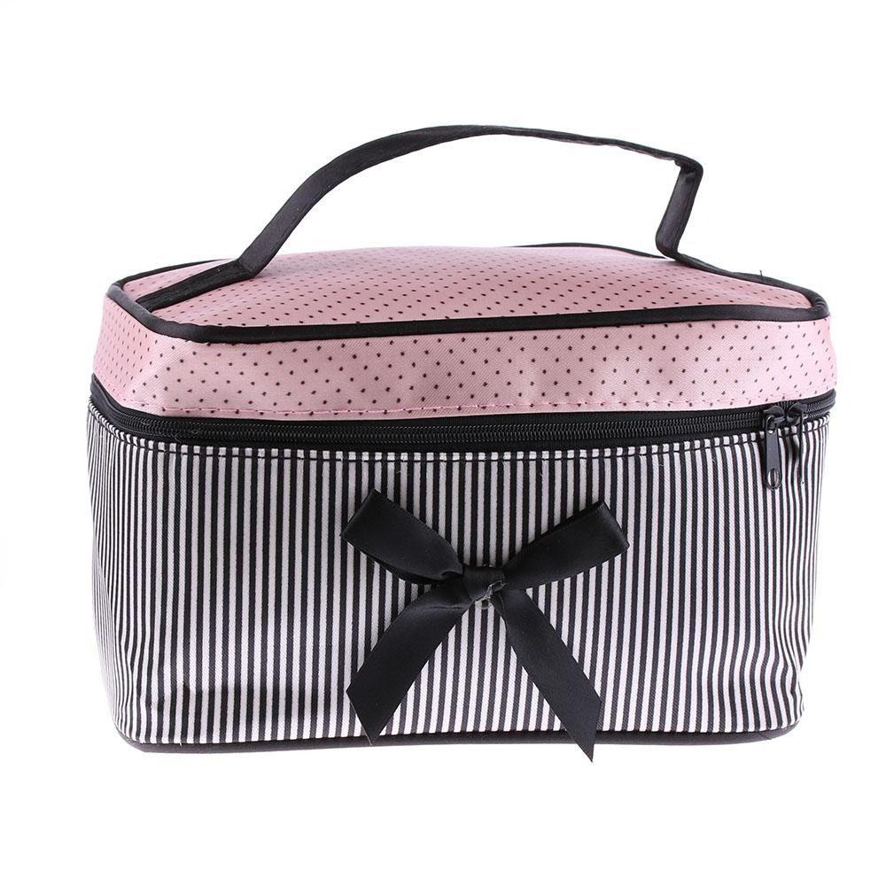 Cute Portable Cosmetic Bag Bow Stripe Wash Organizer Handbag Toiletry Pouch Storage Women Girl