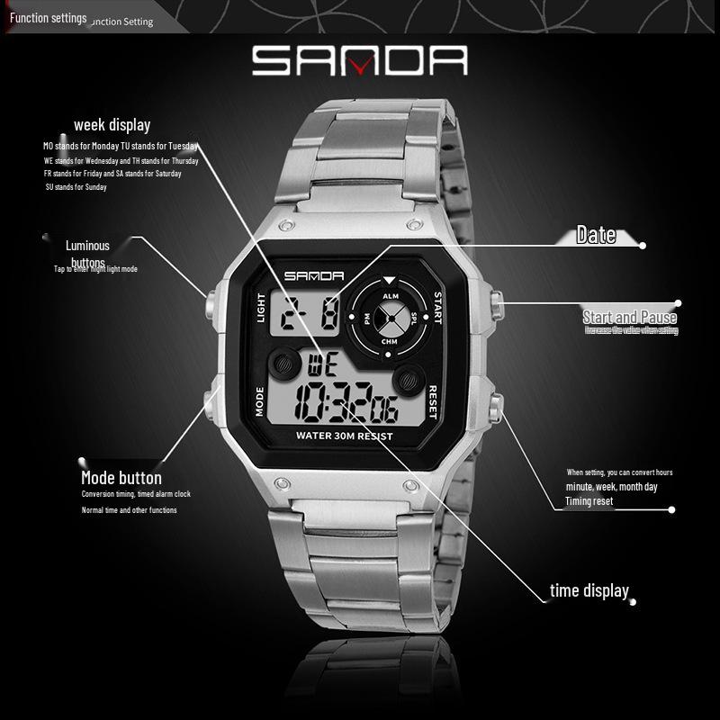 SANDA Men's Waterproof Multifunctional Steel Band Electronic Watch