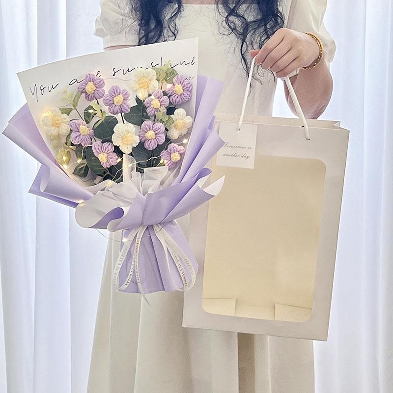 Artificial Flowers Bouquet Crochets Flower with Lights Wedding Guests Gift Graduation Bouquet Teachers' Day Gift Christmas Decor
