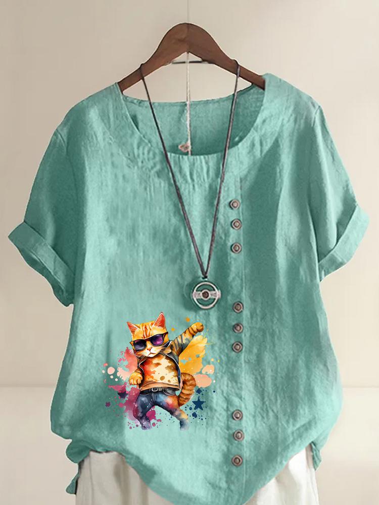 Women's Fashion Cool Cat Print Round Neck Short Sleeve T-shirt Casual Cotton Linen Graphic Shirt Leisure Loose Summer Blouse Tops
